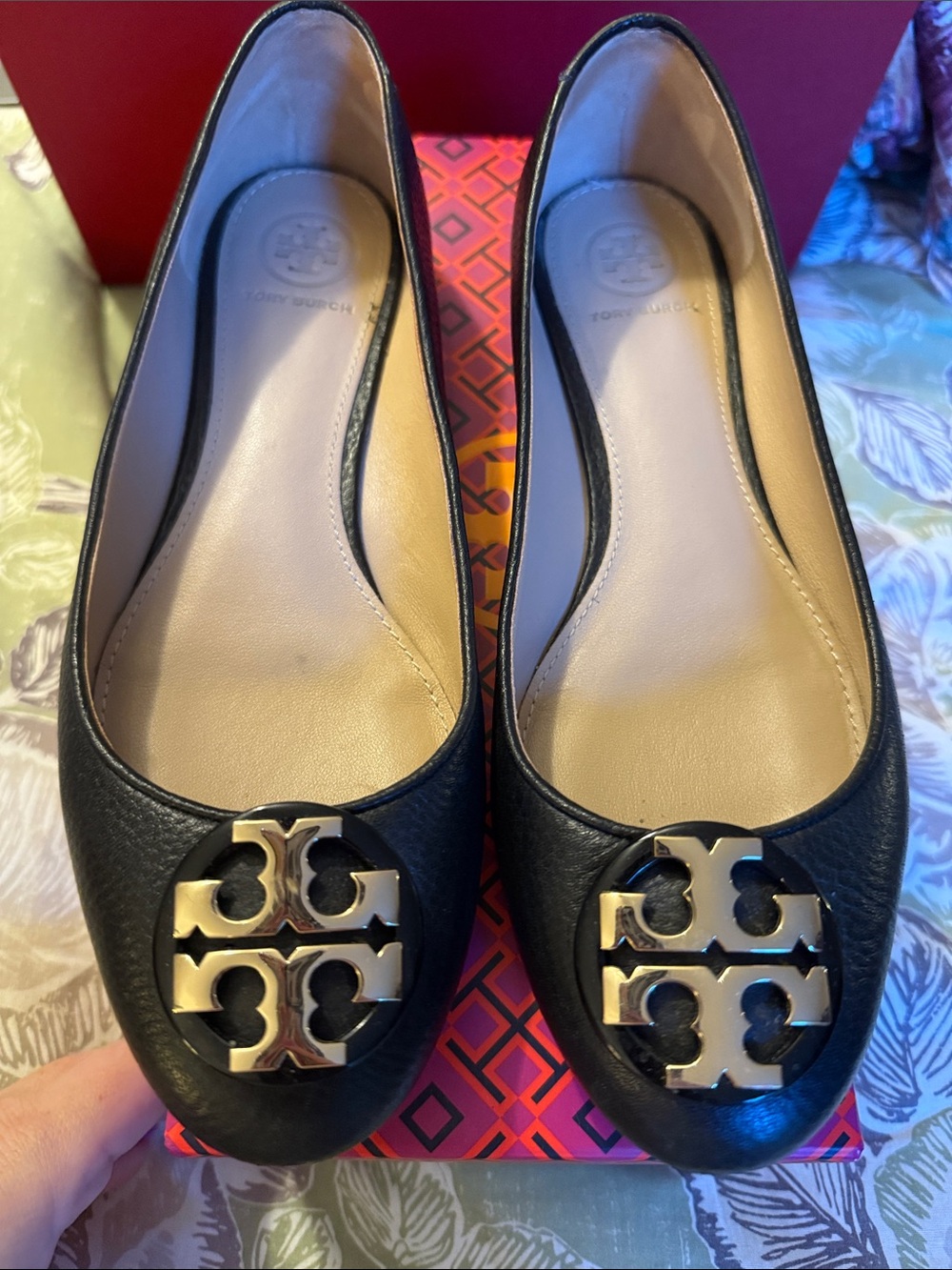 Tory Burch Black Leather Logo Ballet Flats